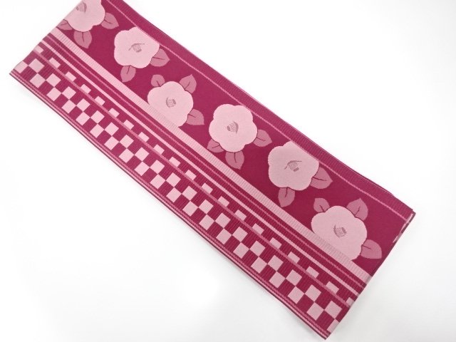 JAPANESE KIMONO / YUKATA OBI / WOVEN ICHIMATSU STYLE PATTERN & CAMELLIA